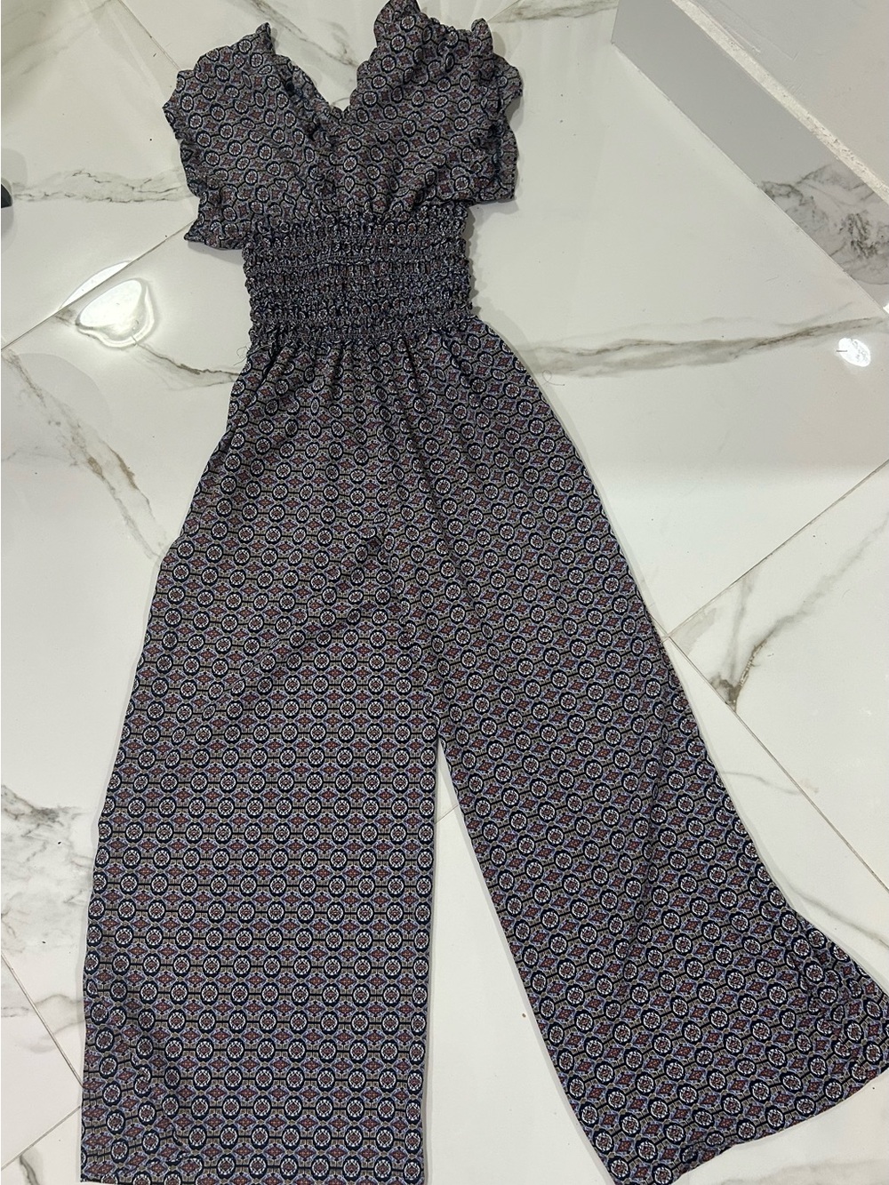 Max Studio Navy Black Brown Blue Smocked-Waist Wide Leg Jumpsuit Short SleeveM